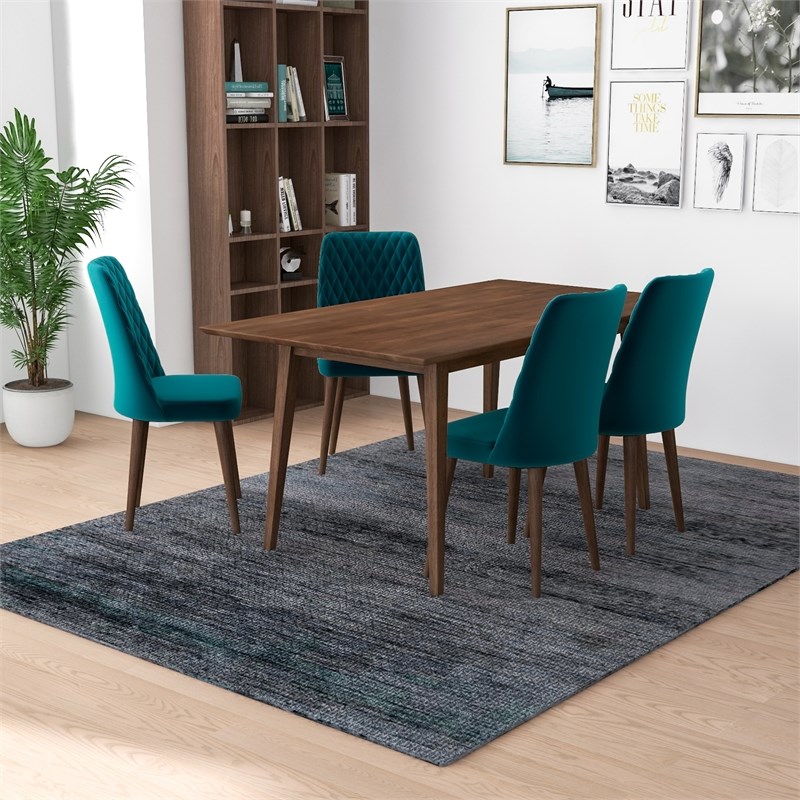 Adara Modern Solid Wood Table and Teal Velvet Chair Dining Room Furniture Set