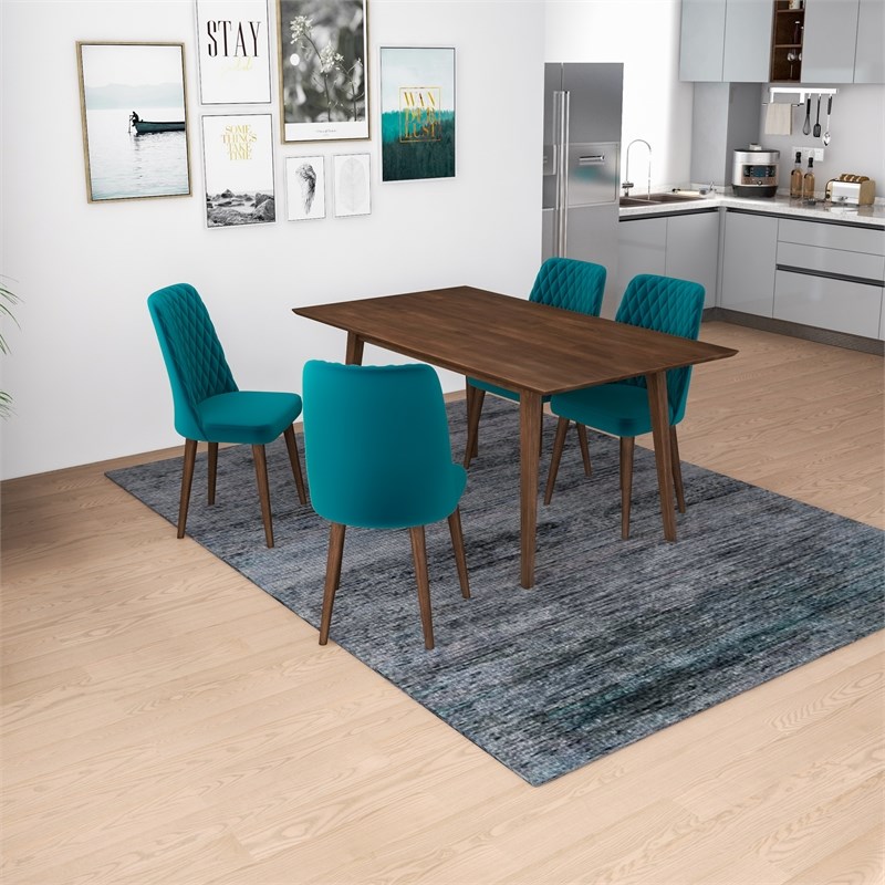 Adara Modern Solid Wood Table and Teal Velvet Chair Dining Room Furniture Set