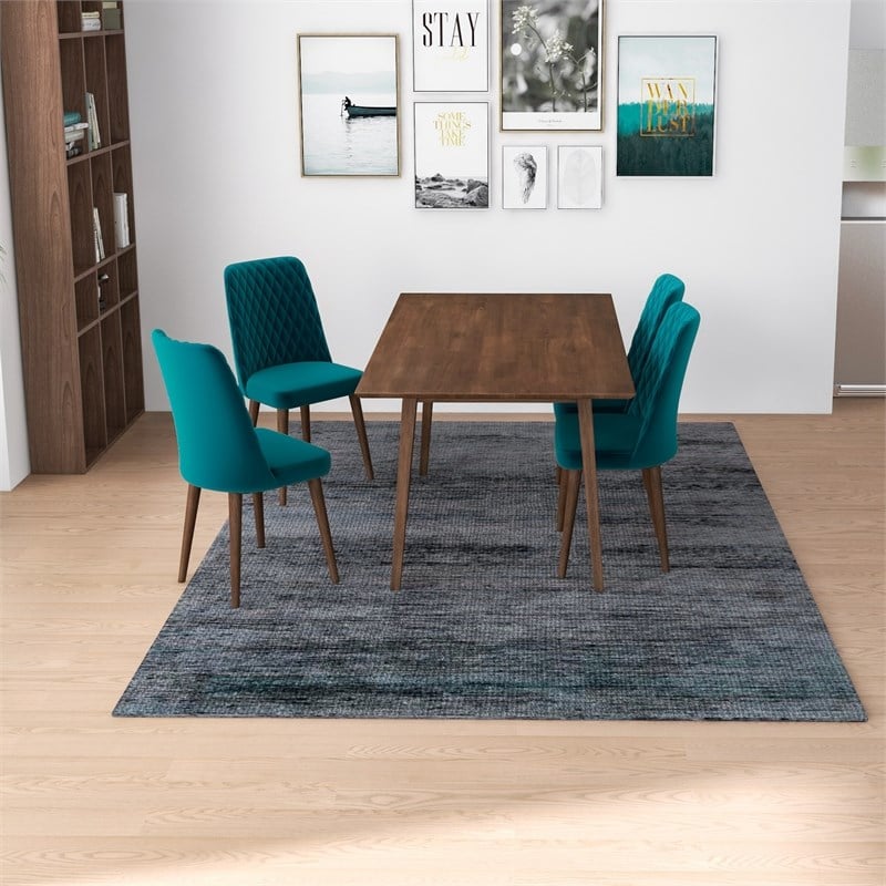 Adara Modern Solid Wood Table and Teal Velvet Chair Dining Room Furniture Set