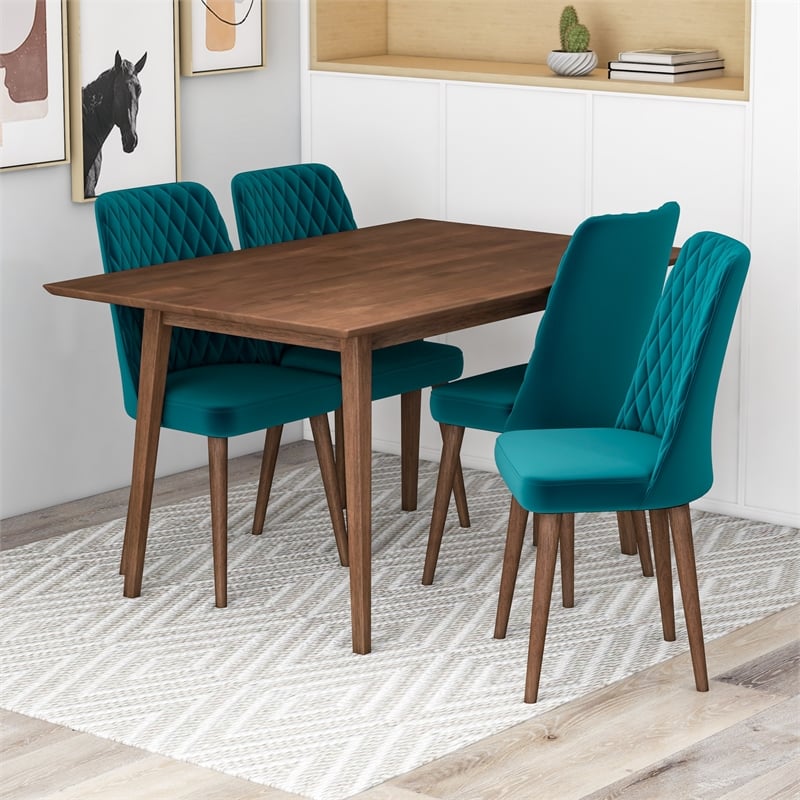 Adino Modern Solid Wood Table and Teal Velvet Chair Dining Room Furniture Set