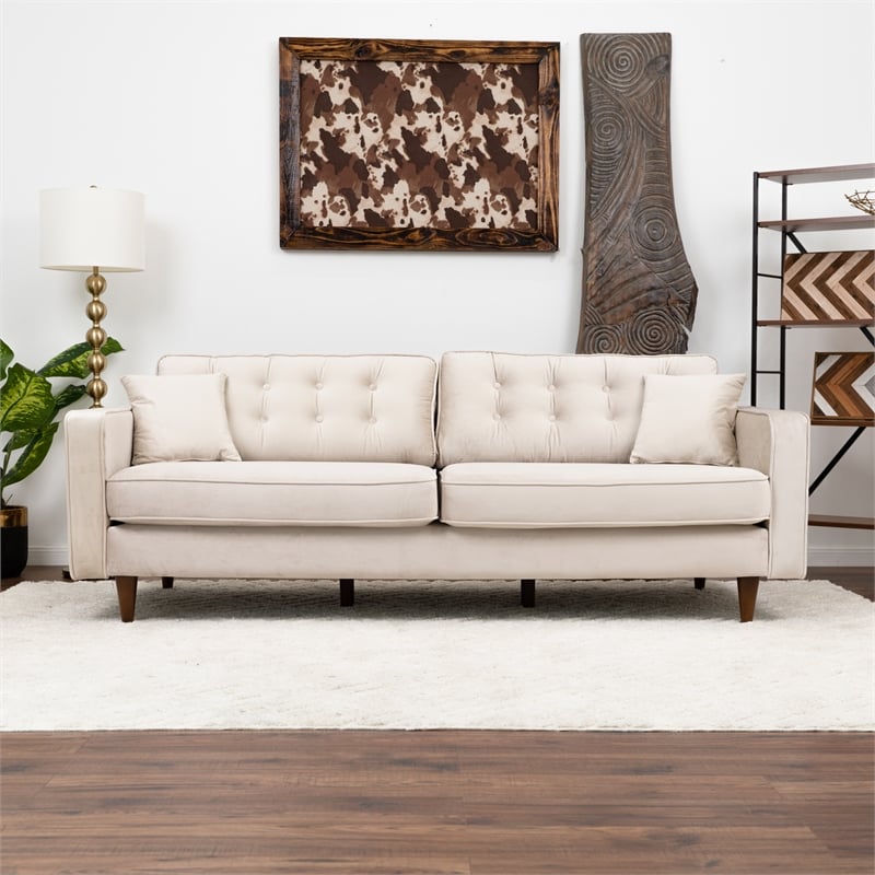 Ophelia Mid Century Modern Furniture Style Beige Velvet Living Room Couch
