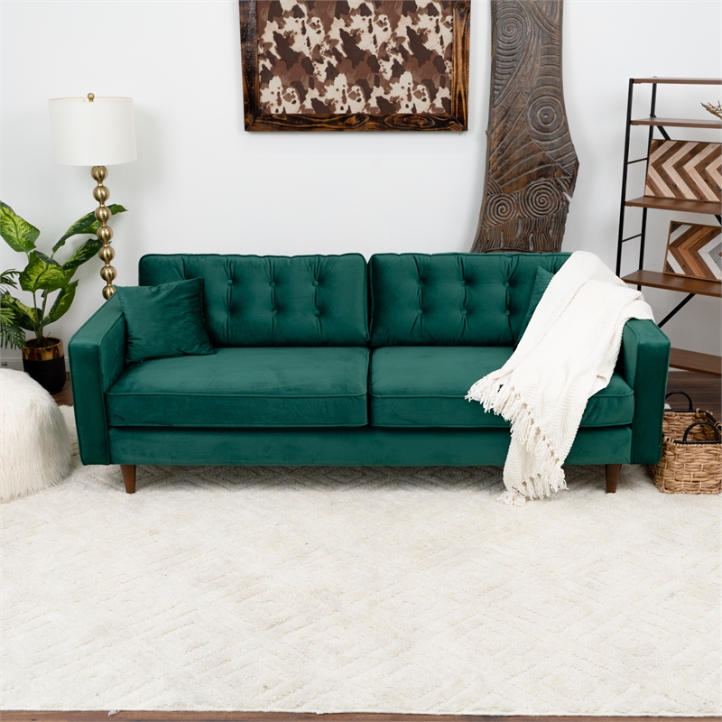 Ophelia Mid Century Modern Furniture Style Green Velvet Living Room Couch