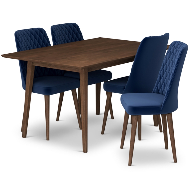 Adelia Modern Solid Wood Walnut Dining Table and 4 Chair Set