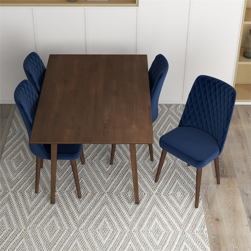 Adelia Modern Solid Wood Walnut Dining Table and 4 Chair Set