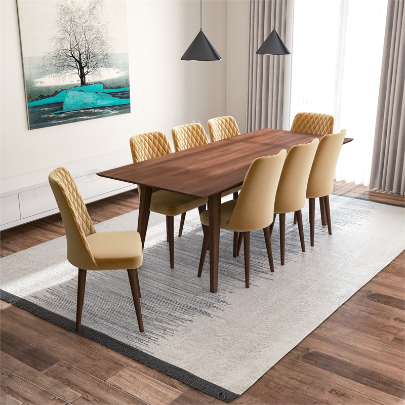 Annabelle 9-Piece Modern Dining Room Solid Wood Table and Gold Velvet Chair Set