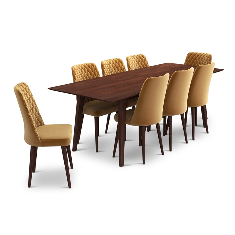 Annabelle 9-Piece Modern Dining Room Solid Wood Table and Gold Velvet Chair Set