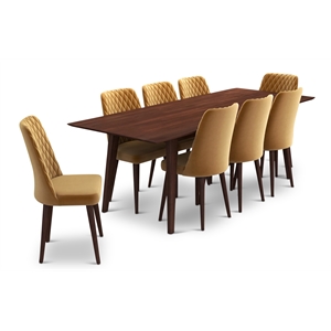 Annabelle 9-Piece Modern Dining Room Solid Wood Table and Gold Velvet Chair Set