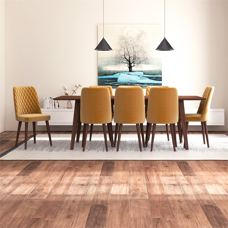 Annabelle 9-Piece Modern Dining Room Solid Wood Table and Gold Velvet Chair Set