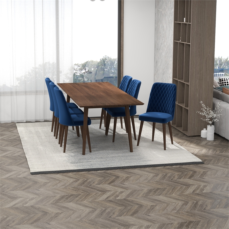 Ava Solid Wood Dining Room Table and Blue Velvet Chair Set