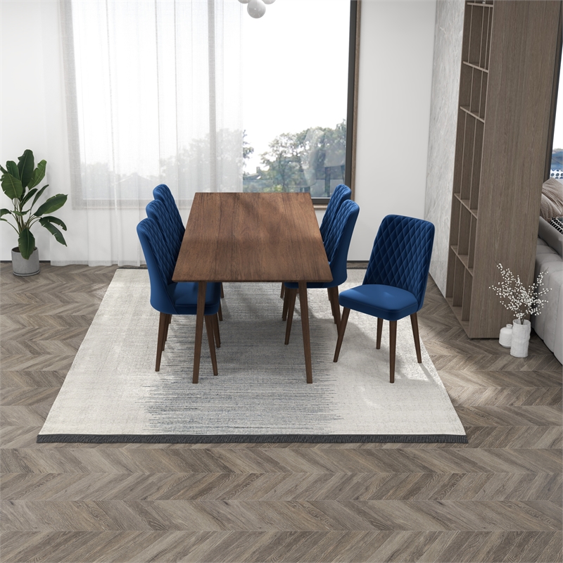 Ava Solid Wood Dining Room Table and Blue Velvet Chair Set