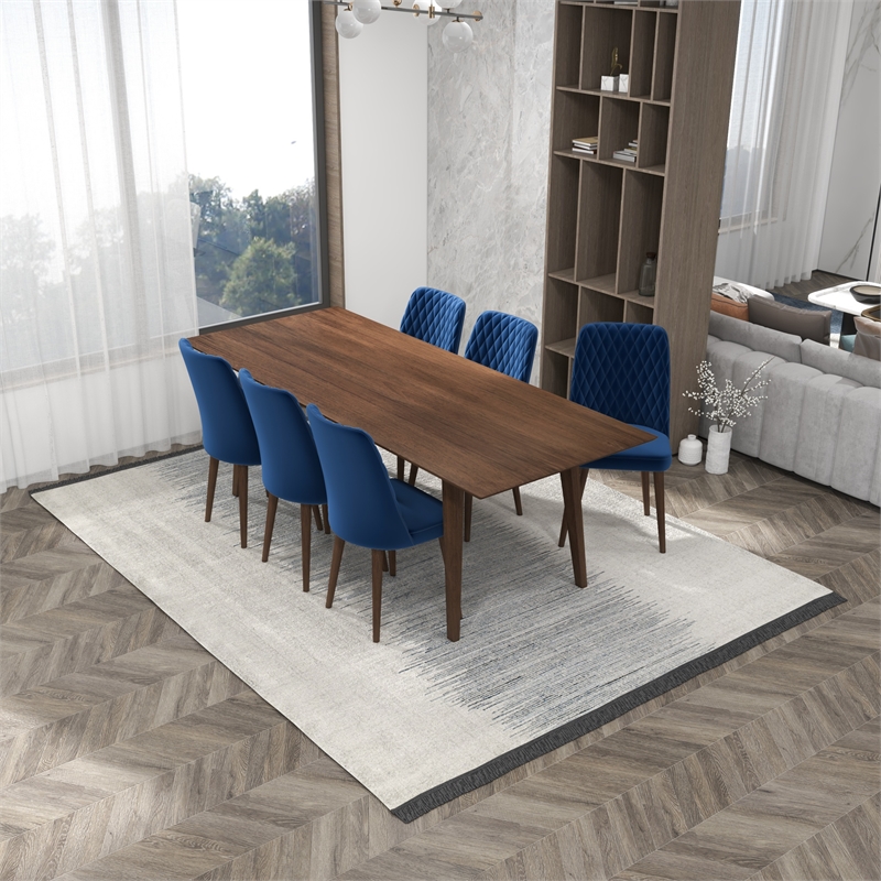 Ava Solid Wood Dining Room Table and Blue Velvet Chair Set