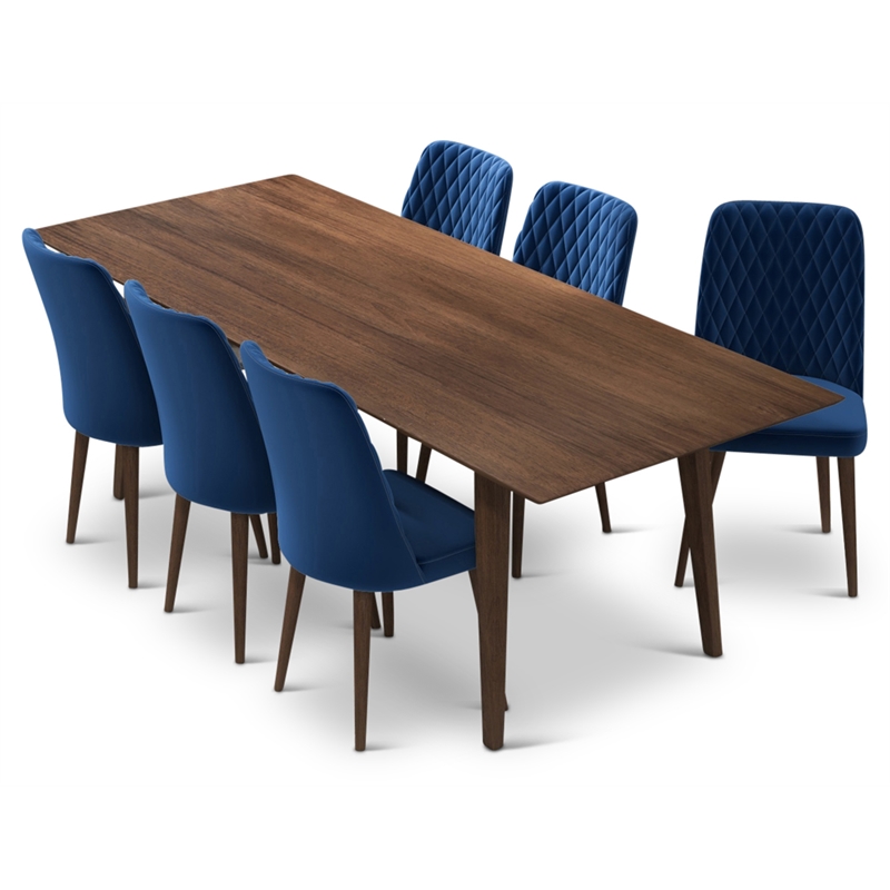 Ava Solid Wood Dining Room Table and Blue Velvet Chair Set