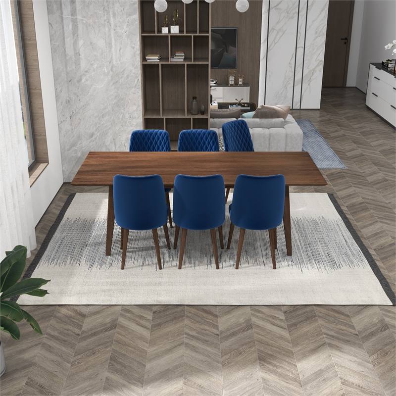 Ava Solid Wood Dining Room Table and Blue Velvet Chair Set