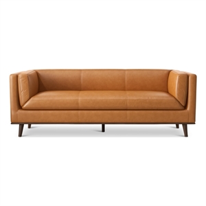 flora mid century modern full grain genuine leather sofa in cognac tan