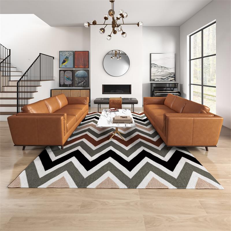 Ferris Mid-Century Pillow Back Leather Sofa Set in Tan