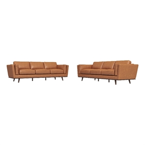 Ferris Mid-Century Pillow Back Leather Sofa Set in Tan
