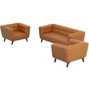 Kevin Mid-Century Pillow Back Leather Sofa and 2 Lounge Chair Set in Cognac Tan