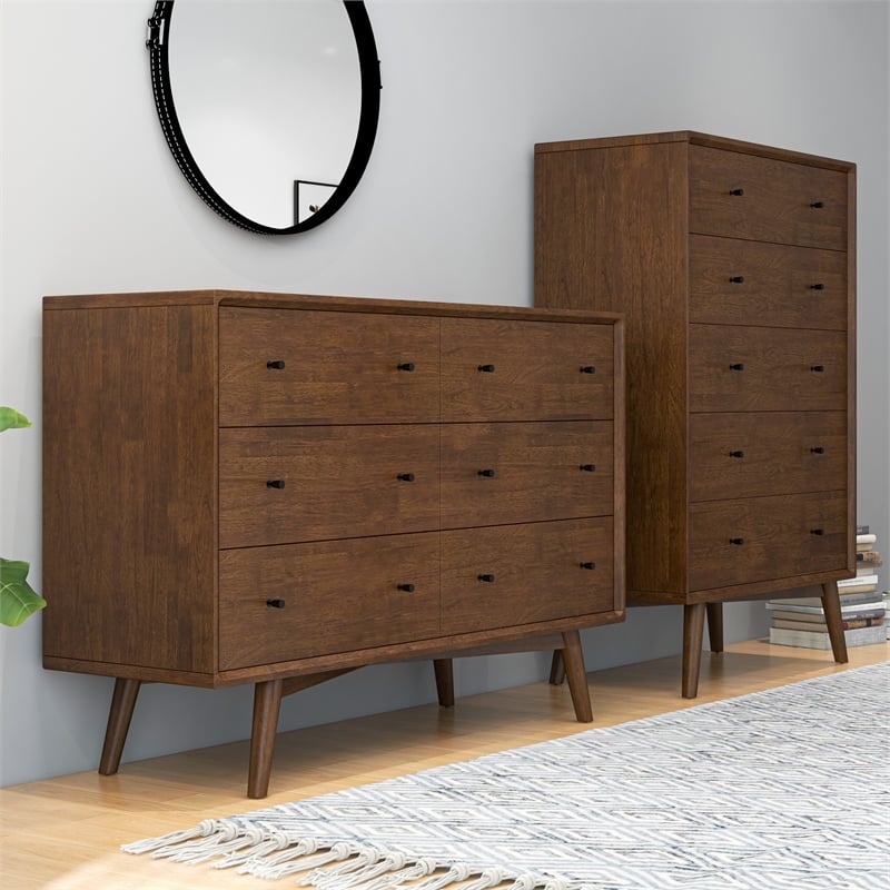 Noah Mid-Century Modern 6-Drawer Double-Dresser Solid Wood in Brown