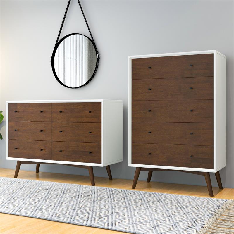 Noah Mid-Century Modern 6-Drawer Double-Dresser Solid Wood in White