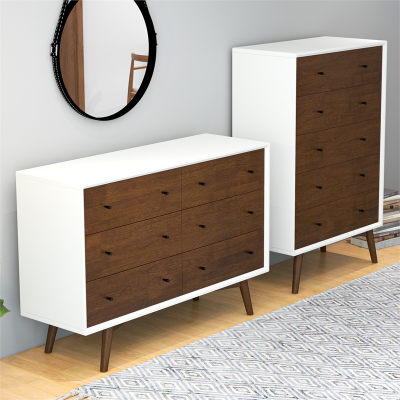 Noah Mid-Century Modern 6-Drawer Double-Dresser Solid Wood in White