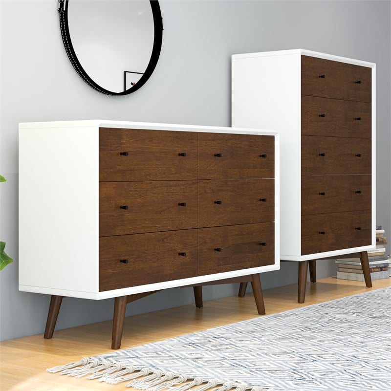 Noah Mid-Century Modern 6-Drawer Double-Dresser Solid Wood in White