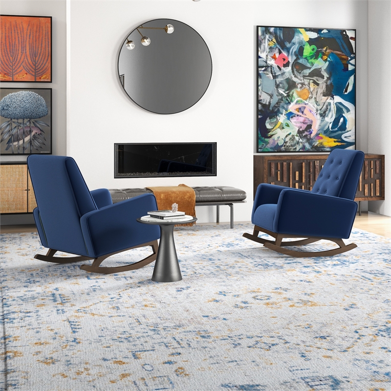 Walker Pillow Back Velvet Indoor Nursery Rocking Chair in Blue (Set of 2)