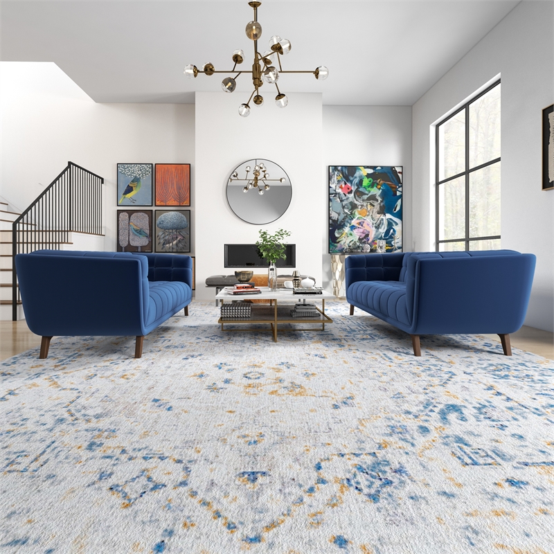 Kartmes Mid-Century Modern Living Room Velvet Sofa Set in Blue