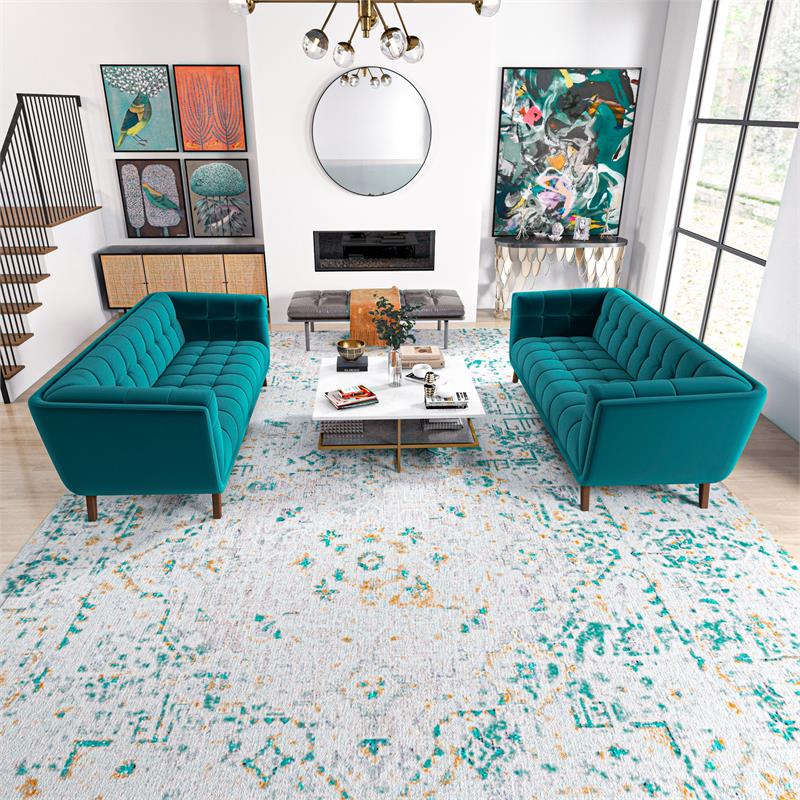 Kartmes Mid-Century Modern Living Room Velvet Sofa Set in Turquoise