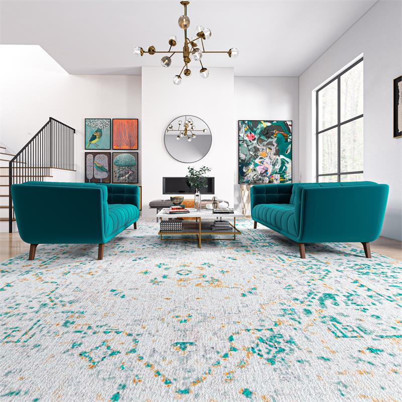 Kartmes Mid-Century Modern Living Room Velvet Sofa Set in Turquoise