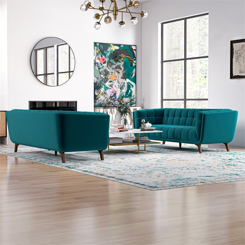 Kartmes Mid-Century Modern Living Room Velvet Sofa Set in Turquoise