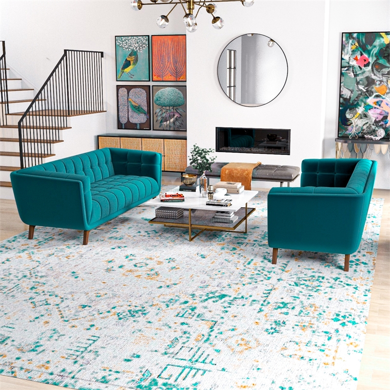 Kartmes Mid-Century Modern Living Room Velvet Sofa Set in Turquoise