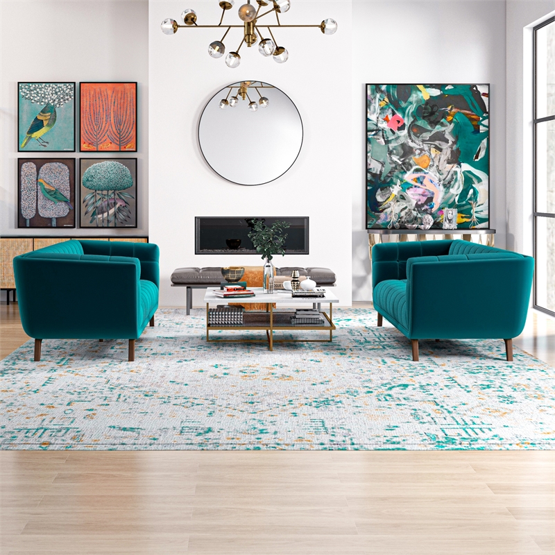 Kartmes Mid-Century Modern Living Room Velvet Sofa Set in Turquoise
