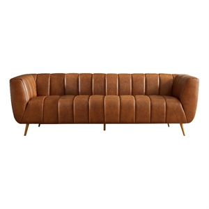 Clodette Mid Century Modern Living Room Genuine Leather Cognac Tan Sofa