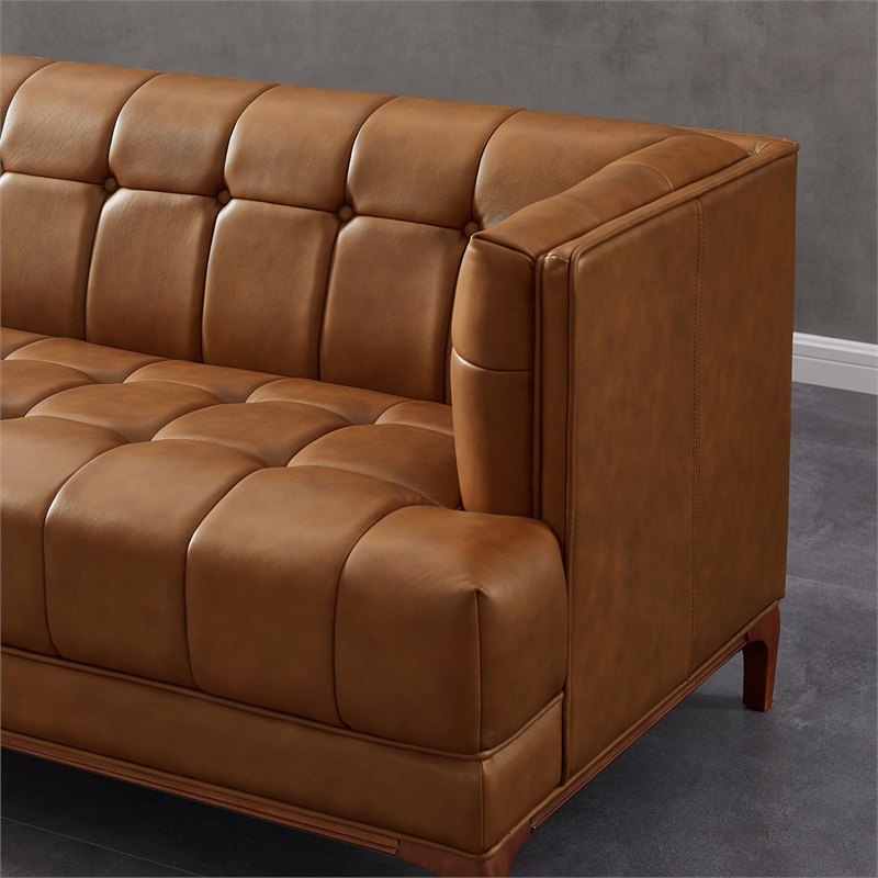 Kenora Mid-Century Furniture Style Upholstered Leather Couch in Cognac Tan