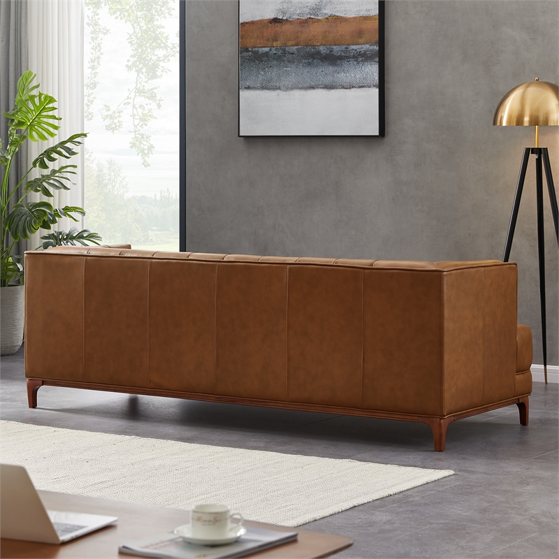 Kenora Mid-Century Furniture Style Upholstered Leather Couch in Cognac Tan
