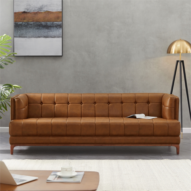 Kenora Mid-Century Furniture Style Upholstered Leather Couch in Cognac Tan