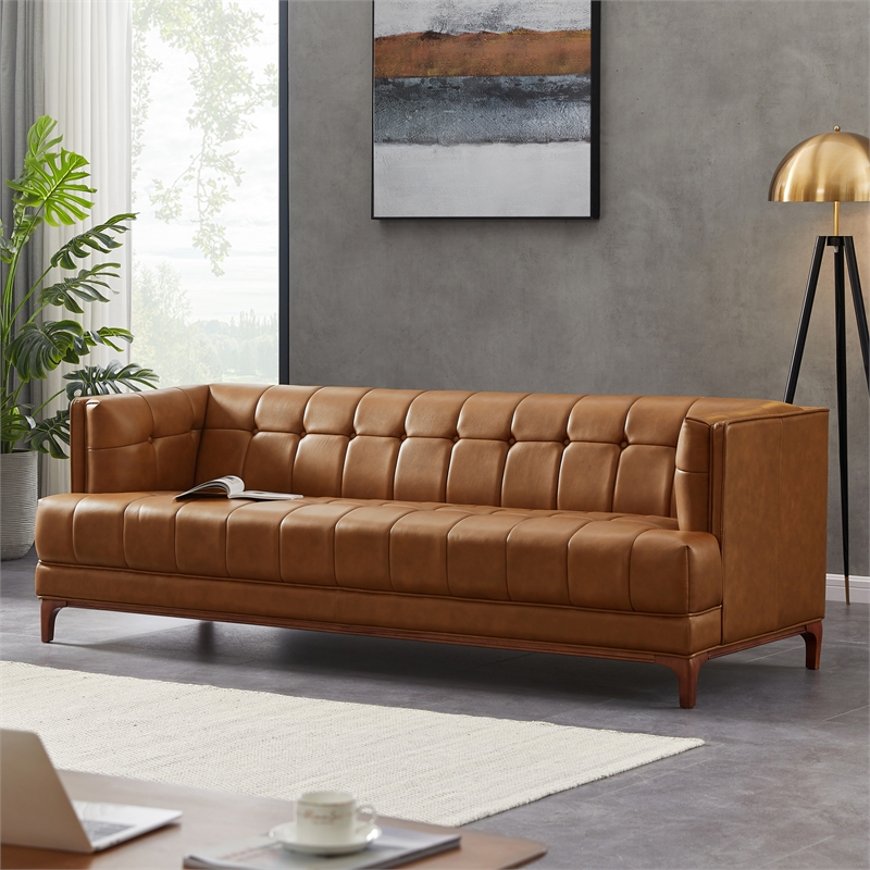 Kenora Mid-Century Furniture Style Upholstered Leather Couch in Cognac Tan
