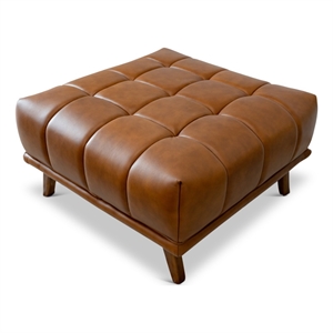 Allen Mid-Century Tufted Tight Back Leather Upholstered Ottoman in Tan