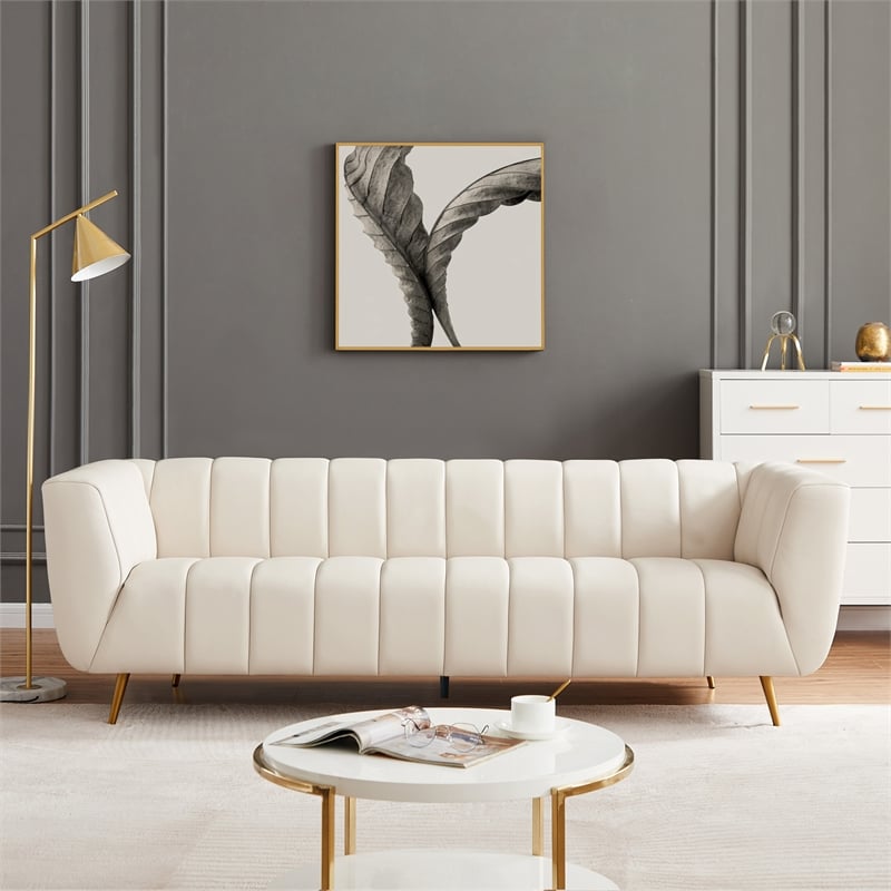 Clodette Mid Century Modern Living Room Genuine Leather Cream Sofa