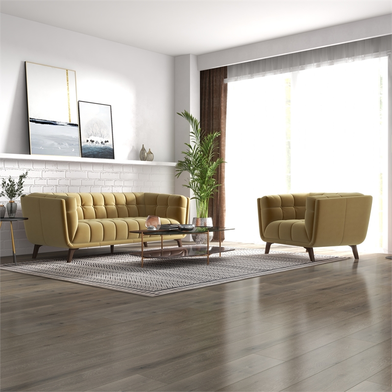 Kelvin Mid-Century Pillow Back Velvet Sofa and Lounge Chair Set in Gold