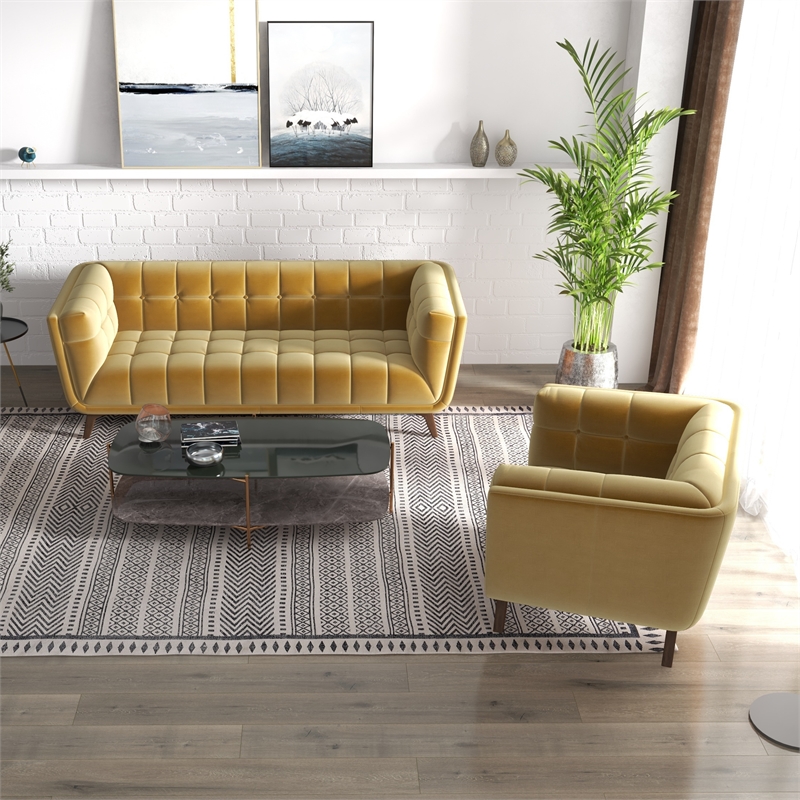 Kelvin Mid-Century Pillow Back Velvet Sofa and Lounge Chair Set in Gold