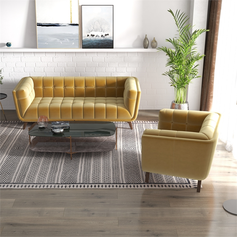 Kelvin Mid-Century Pillow Back Velvet Sofa and Lounge Chair Set in Gold