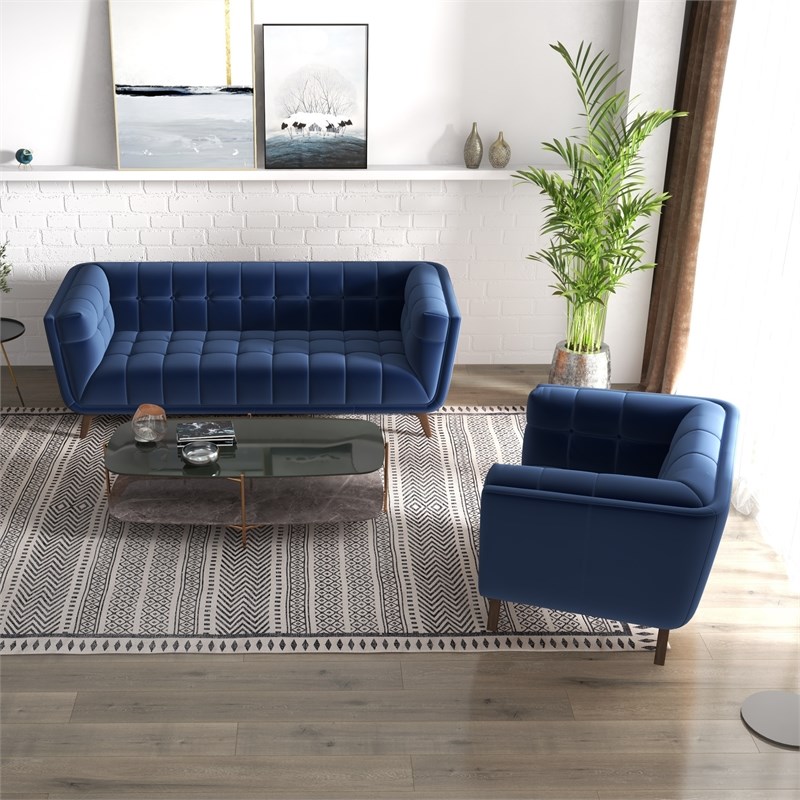 Kelvin Mid-Century Pillow Back Velvet Sofa and Lounge Chair Set in Blue