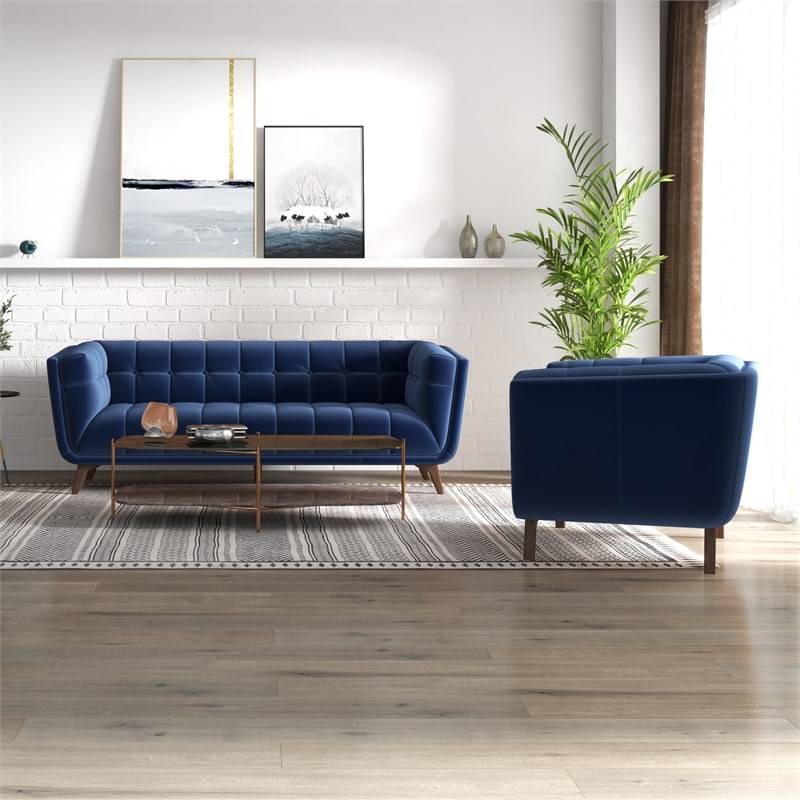 Kelvin Mid-Century Pillow Back Velvet Sofa and Lounge Chair Set in Blue