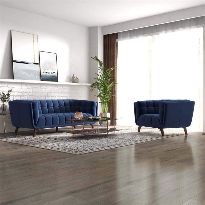 Kelvin Mid-Century Pillow Back Velvet Sofa and Lounge Chair Set in Blue