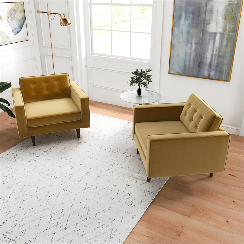 Karmen Mid-Century Pillow Back Velvet Lounge Chair in Gold (Set of 2)