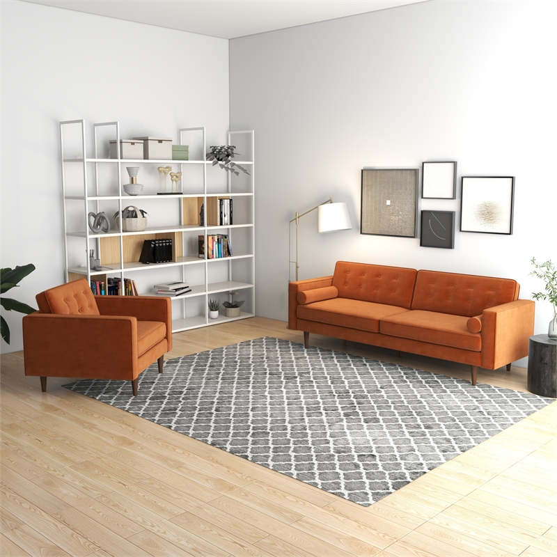 Kayson Mid-Century Pillow Back Velvet Sofa and Lounge Chair Set in Orange