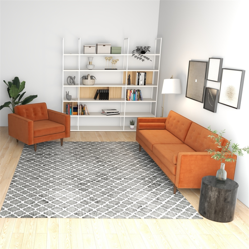 Kayson Mid-Century Pillow Back Velvet Sofa and Lounge Chair Set in Orange
