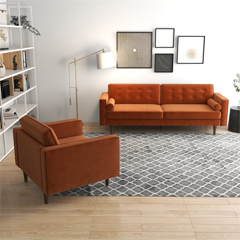 Kayson Mid-Century Pillow Back Velvet Sofa and Lounge Chair Set in Orange