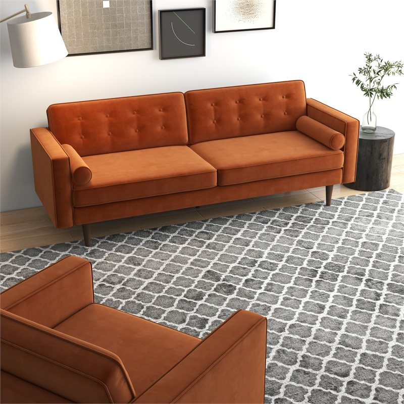 Kayson Mid-Century Pillow Back Velvet Sofa and Lounge Chair Set in Orange